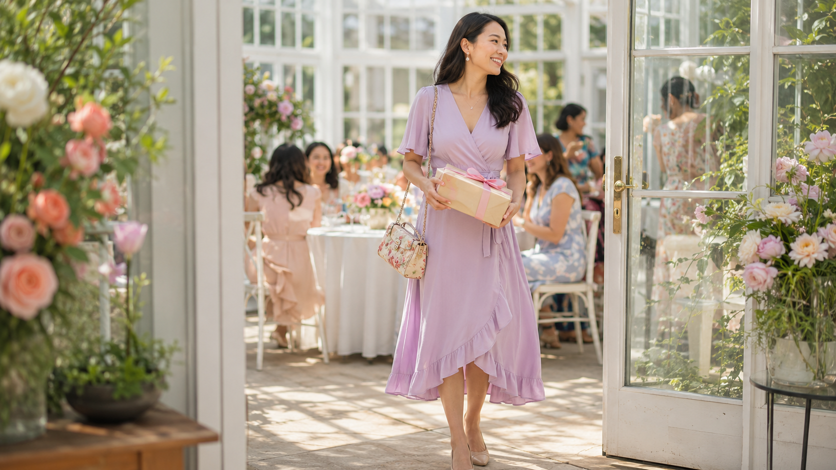 Woman in a lavender wrap dress arriving at a conservatory bridal shower